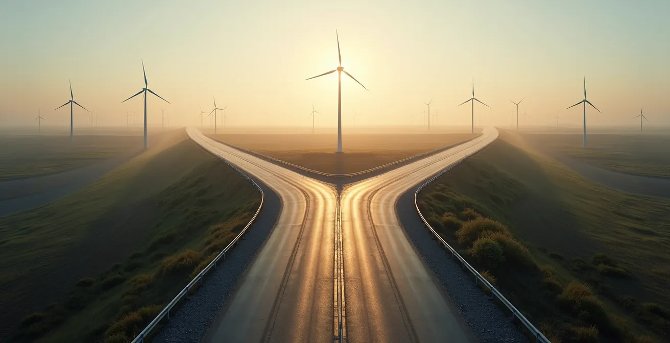 Vue aérienne de routes divergentes dans un paysage industriel moderne