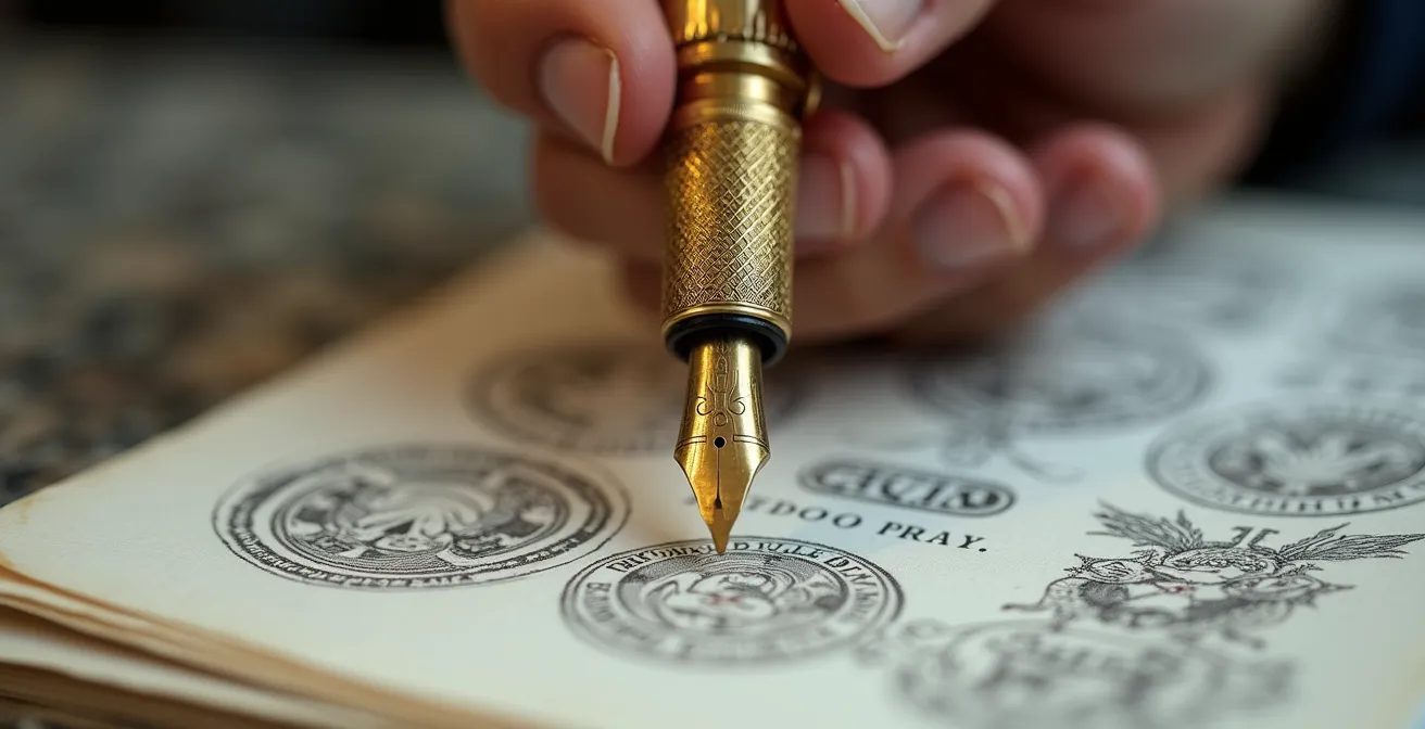 Gros plan sur une main signant un document avec un stylo plume dorée sur une surface de marbre