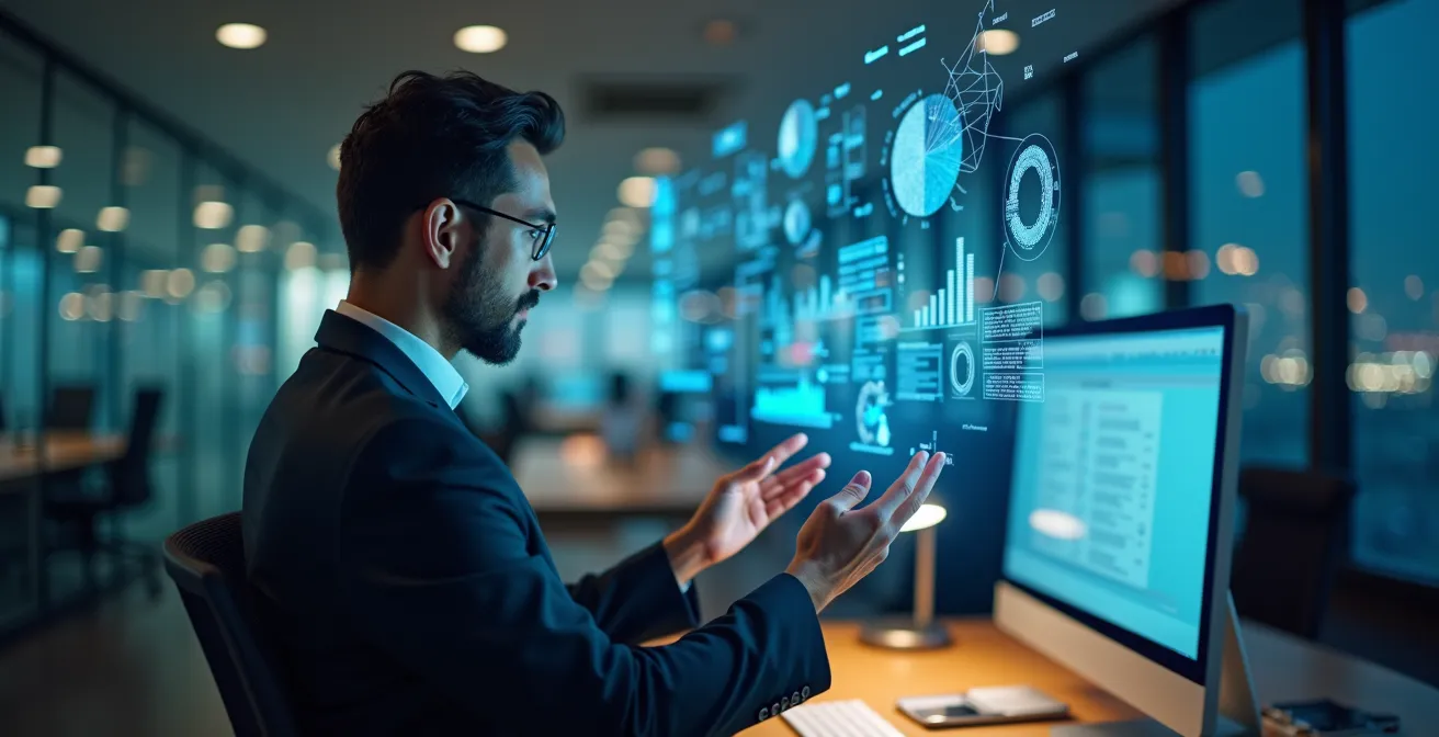 Professionnel analysant des données énergétiques sur plusieurs écrans dans un bureau moderne