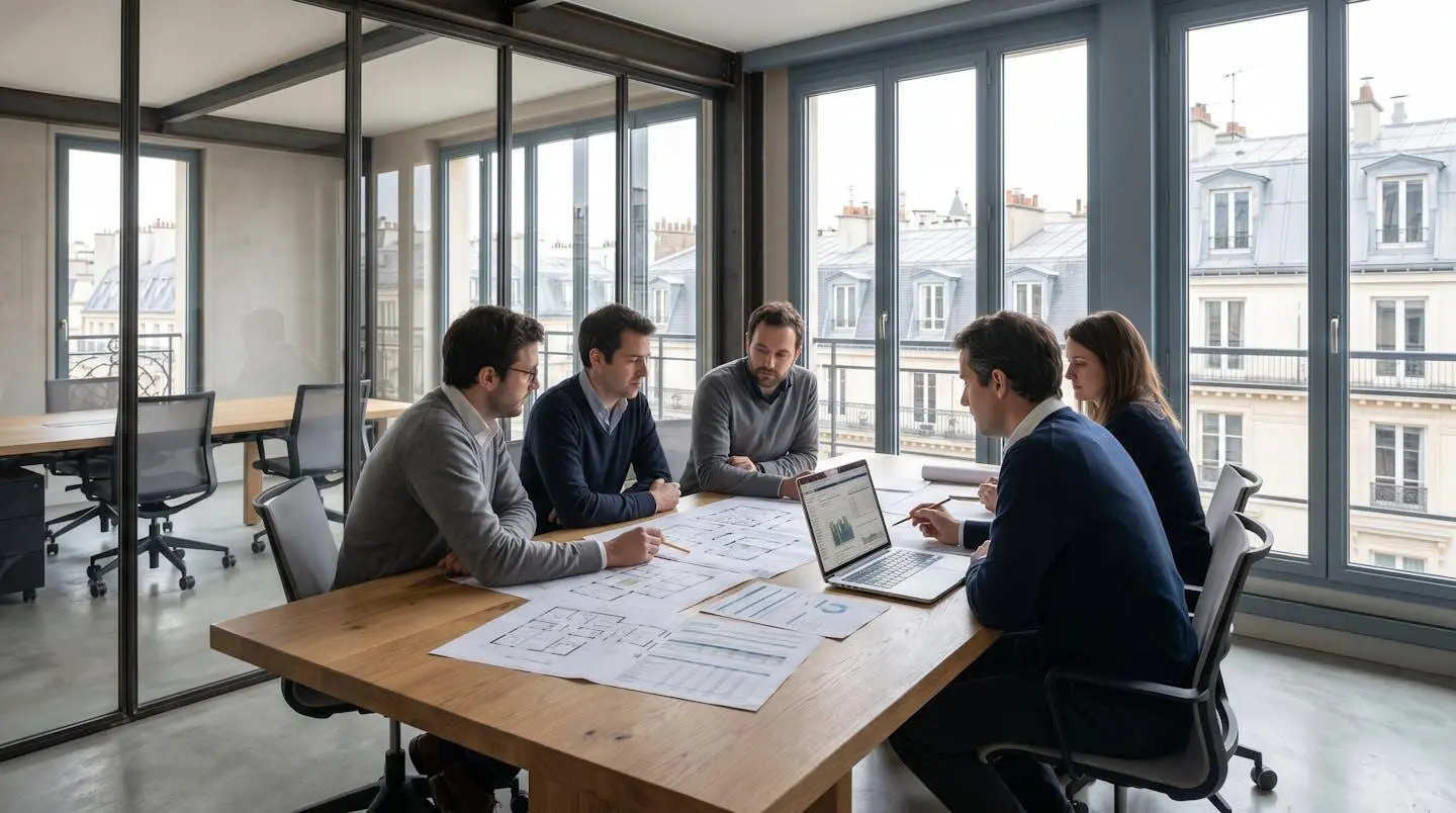 Bureau de consultation professionnelle à Paris avec plans et documents contractuels énergie sur table, lumière naturelle traversant les fenêtres d'un immeuble haussmannien, architecture parisienne visible en arrière-plan