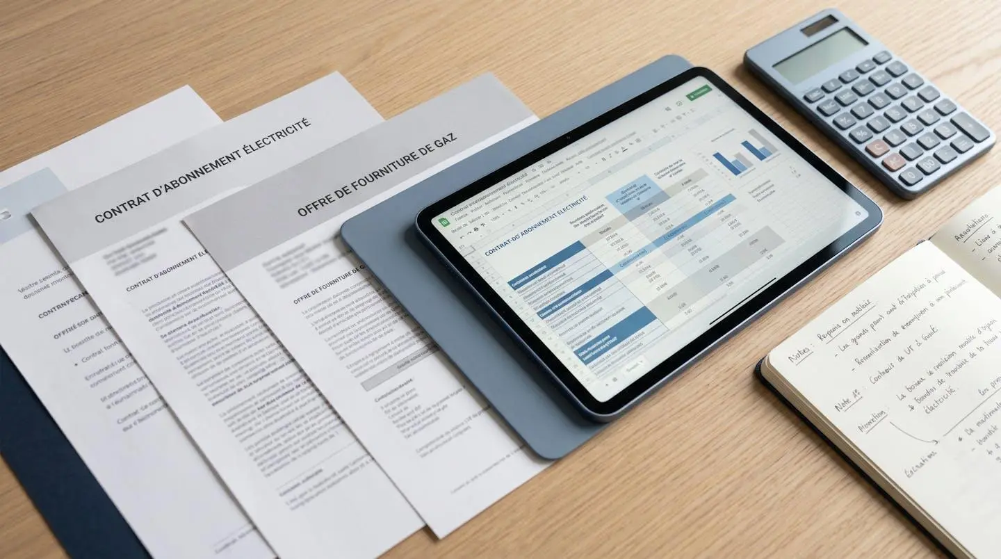 Vue rapprochée d'un bureau avec plusieurs contrats de fournisseurs d'énergie disposés côte à côte, tablette numérique montrant un tableau comparatif, calculatrice et carnet de notes