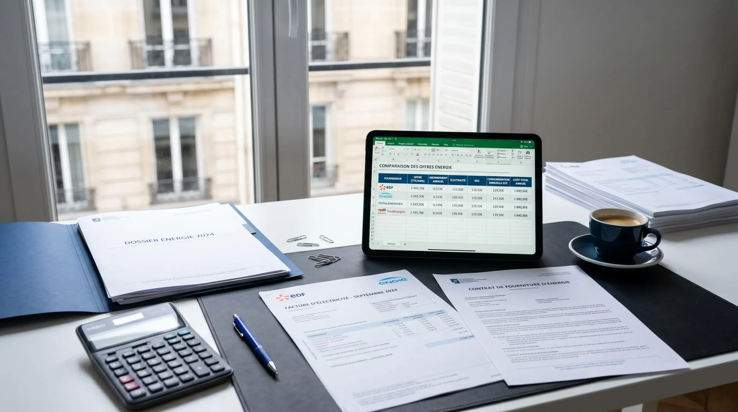 Bureau professionnel parisien avec factures d'énergie et documents de comparaison étalés sur un plan de travail moderne, illustrant le processus d'analyse et de mise en concurrence des offres énergétiques