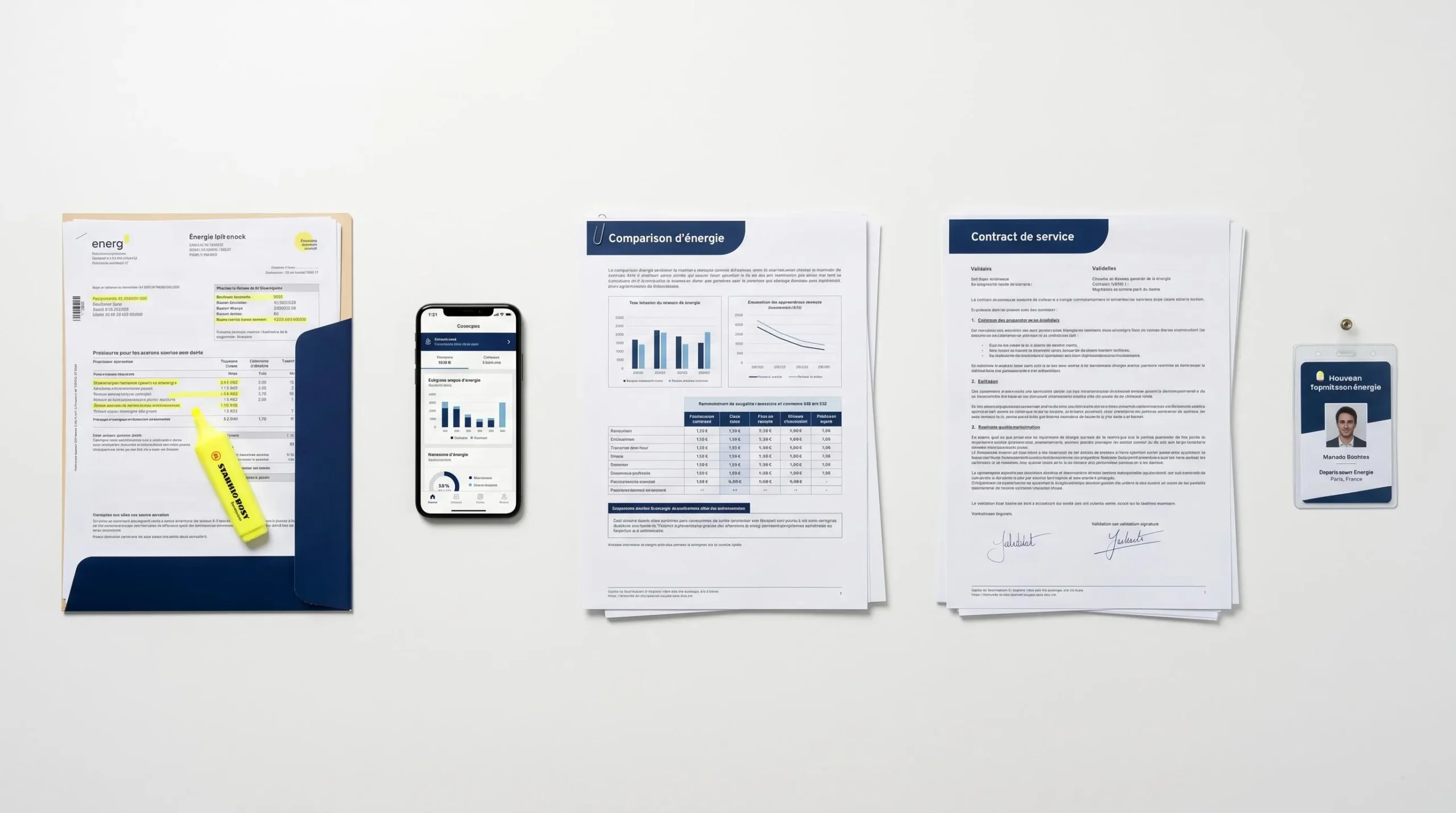 Composition photographique montrant les cinq étapes du processus de courtage énergétique : dossier de factures, téléphone de consultation, rapport comparatif, contrat validé et badge d'accès fournisseur, disposés en séquence horizontale