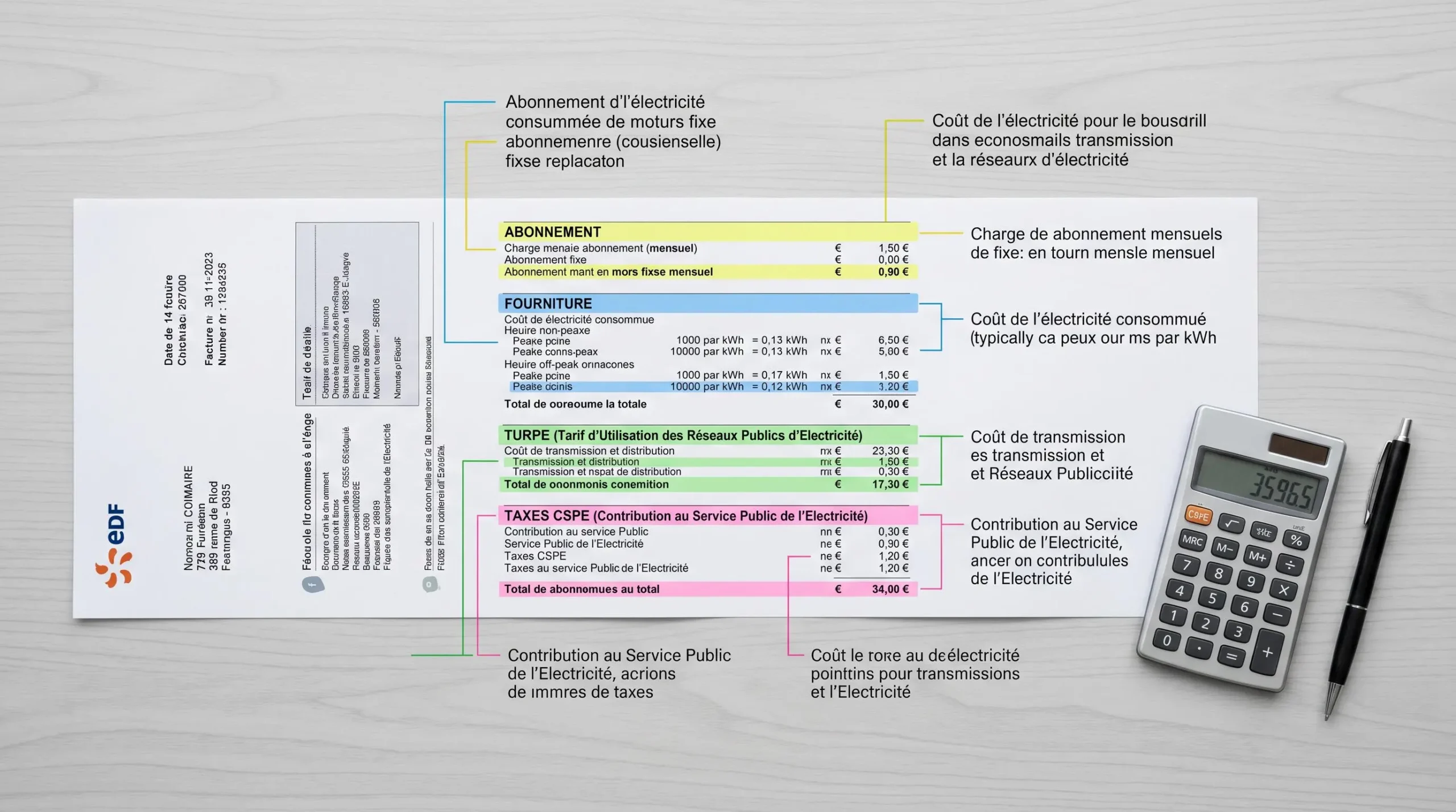 Facture d'électricité professionnelle annotée avec surligneurs colorés identifiant les différentes composantes tarifaires (fourniture, TURPE, taxes, abonnement), calculatrice et stylo à proximité