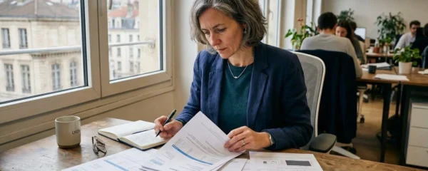 Responsable administratif d'une PME lyonnaise comparant des contrats d'énergie sur son bureau