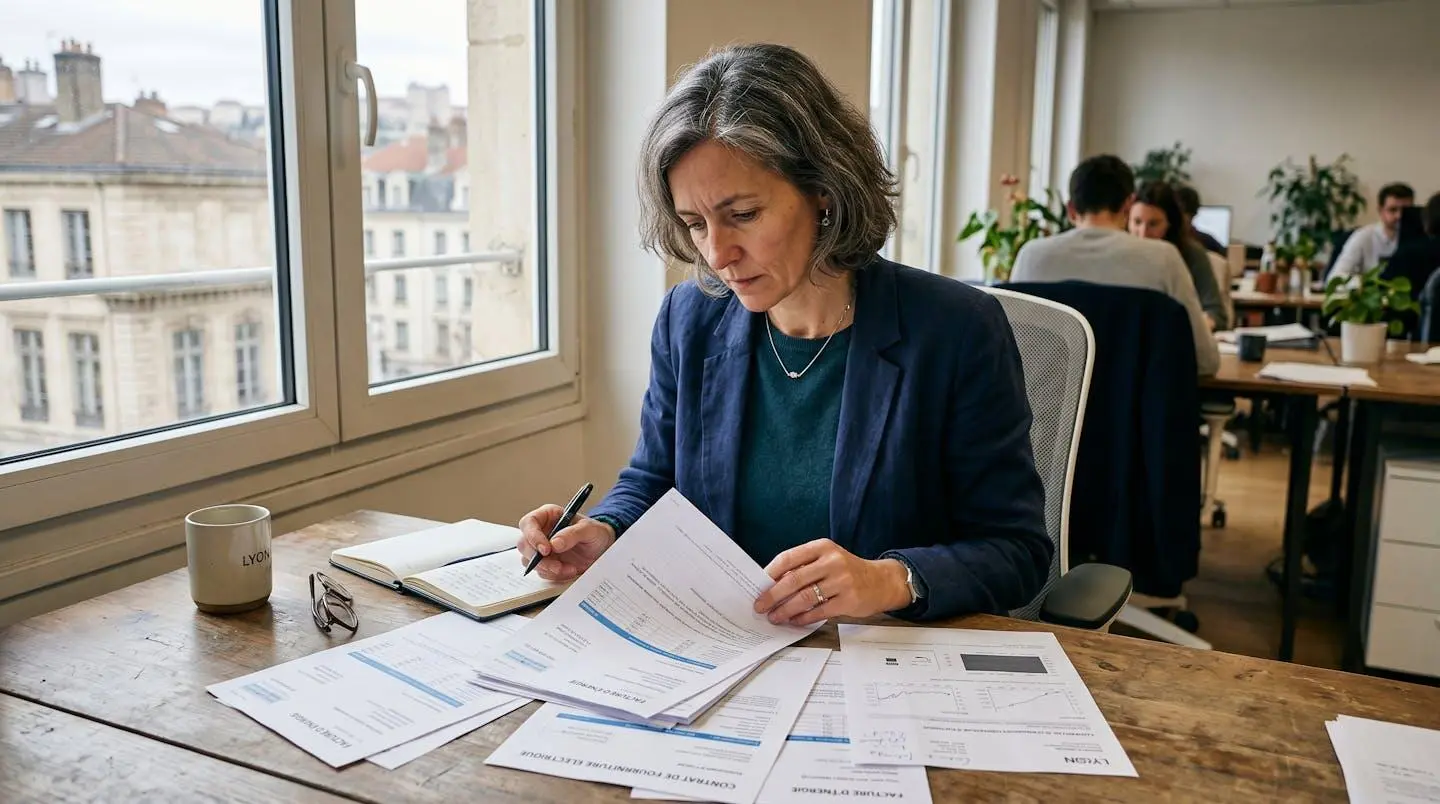 Responsable administratif d'une PME lyonnaise comparant des contrats d'énergie sur son bureau