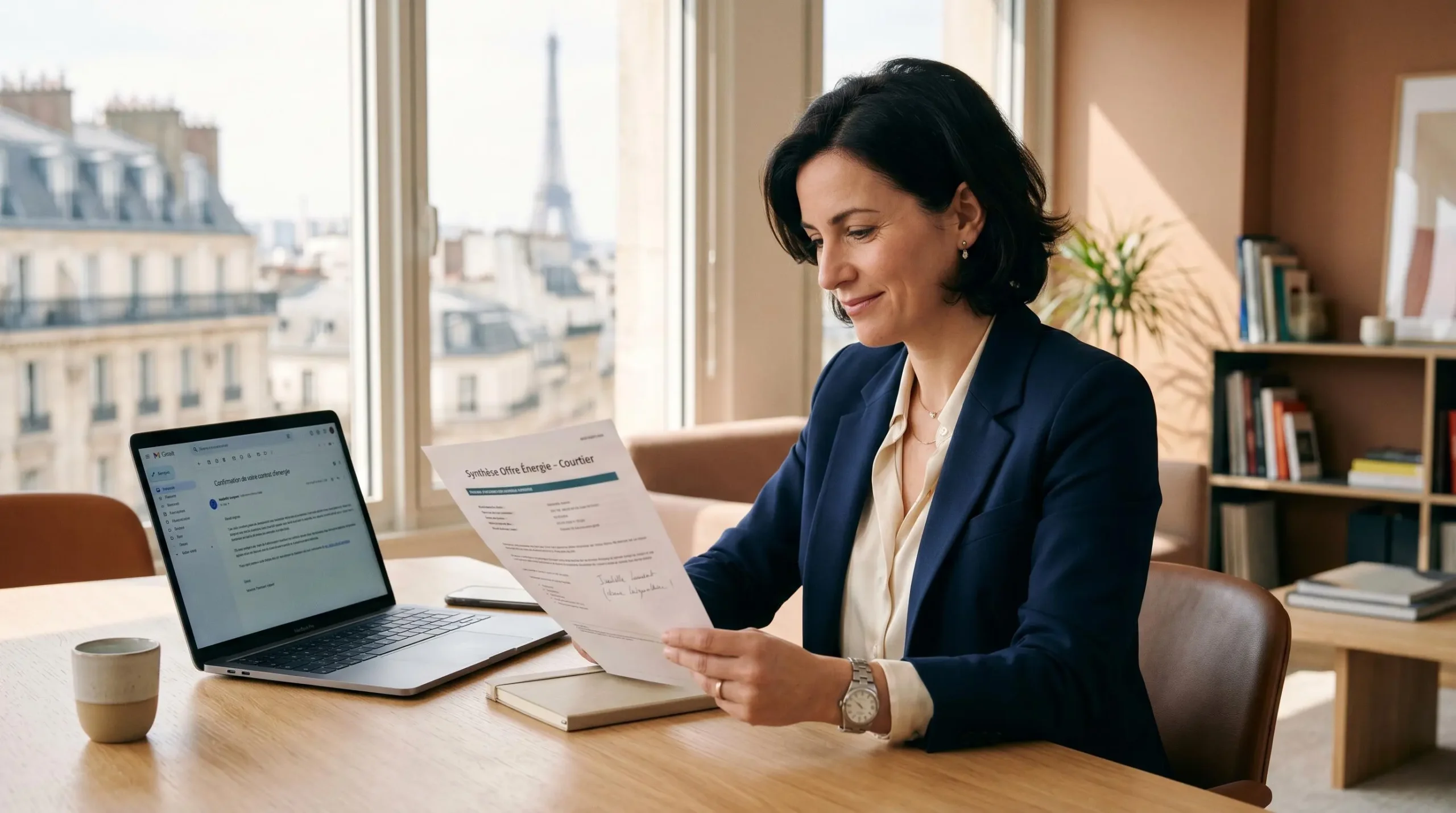 Responsable administrative d'entreprise consultant sereinement un document de synthèse dans un bureau parisien moderne et lumineux, ordinateur portable ouvert, expression confiante et détendue