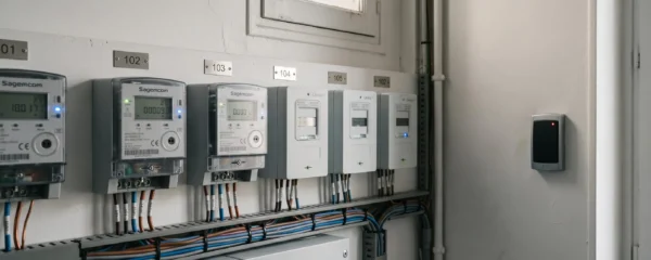 Salle de compteurs électriques professionnels dans un immeuble de bureaux parisien rénové, avec armoire de distribution moderne et câblages organisés, illustrant l'infrastructure énergétique des entreprises parisiennes