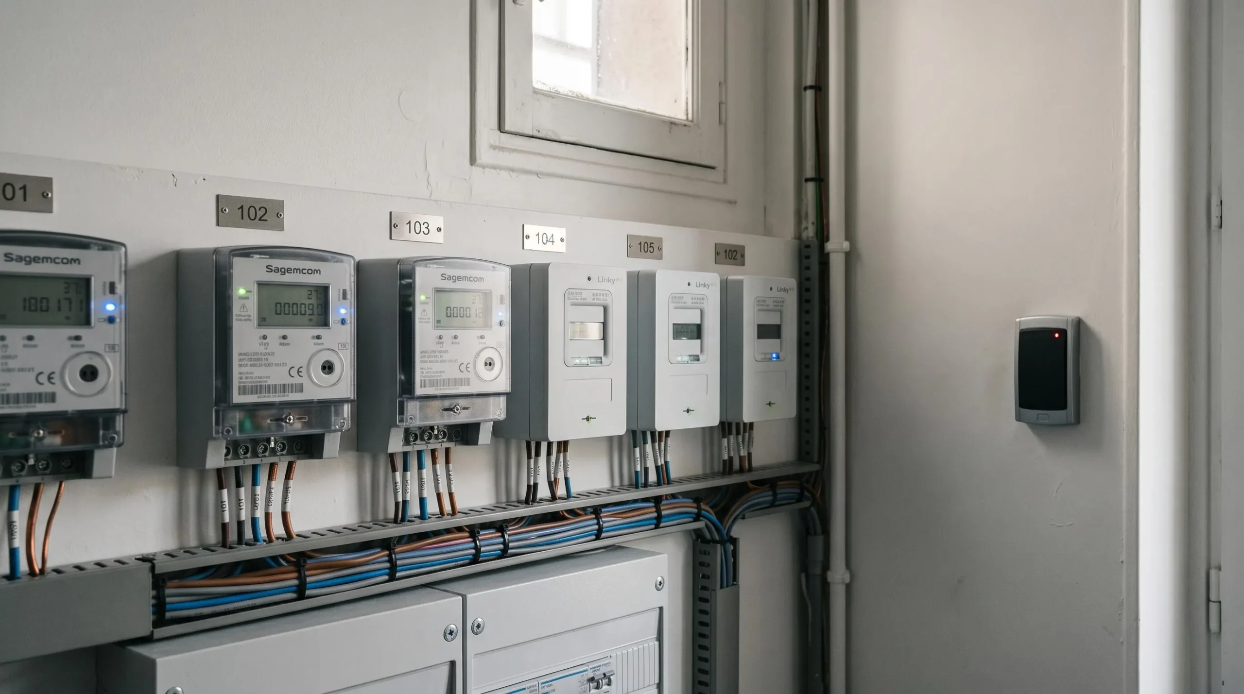 Salle de compteurs électriques professionnels dans un immeuble de bureaux parisien rénové, avec armoire de distribution moderne et câblages organisés, illustrant l'infrastructure énergétique des entreprises parisiennes