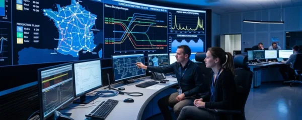 Opérateurs dans une salle de contrôle surveillant les flux du réseau électrique français