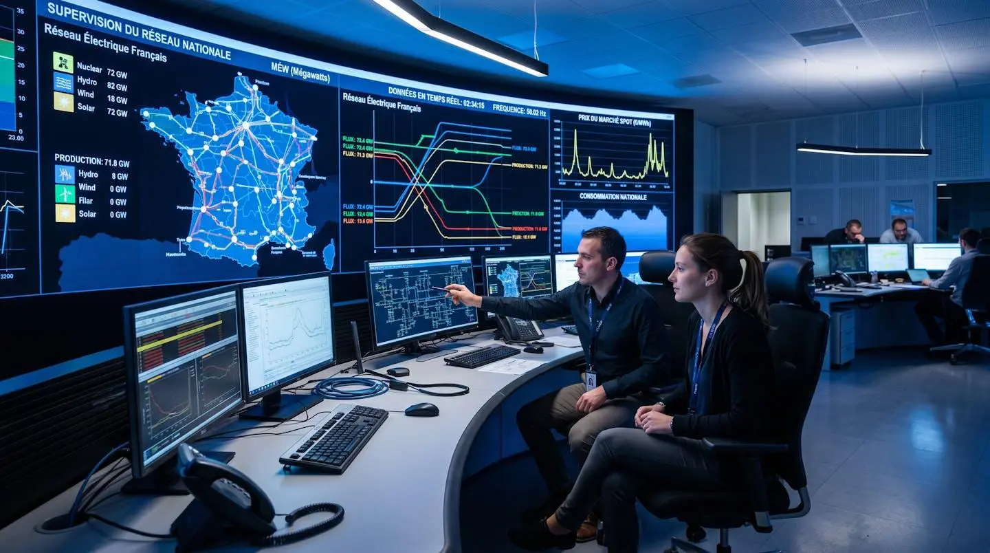 Opérateurs dans une salle de contrôle surveillant les flux du réseau électrique français