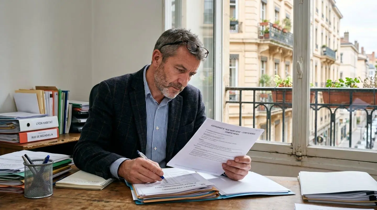 Gestionnaire de copropriété consultant les contrats d'énergie d'un immeuble résidentiel lyonnais