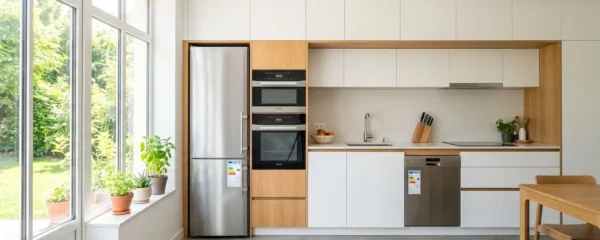 Cuisine moderne française avec appareils électroménagers encastrés performants, réfrigérateur et four intégrés, surfaces épurées et lumière naturelle