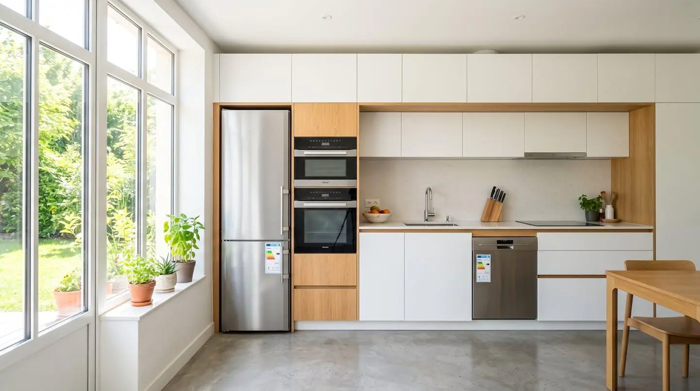 Cuisine moderne française avec appareils électroménagers encastrés performants, réfrigérateur et four intégrés, surfaces épurées et lumière naturelle