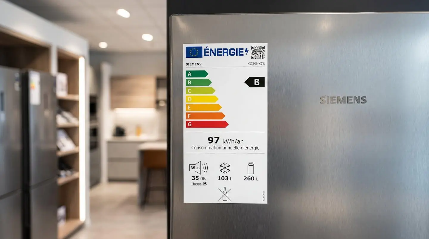 Étiquette énergétique européenne récente sur réfrigérateur affichant la nouvelle échelle A-G et consommation en kWh par an