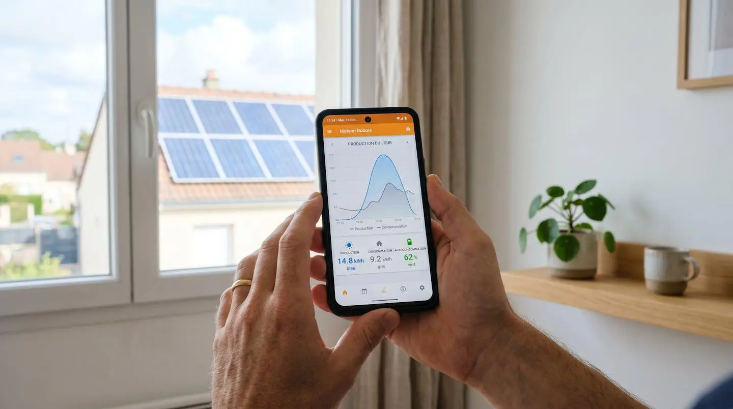 Gros plan sur des mains tenant un smartphone affichant une application de monitoring photovoltaïque avec courbe de production et statistiques de consommation, panneaux solaires visibles en arrière-plan par la fenêtre