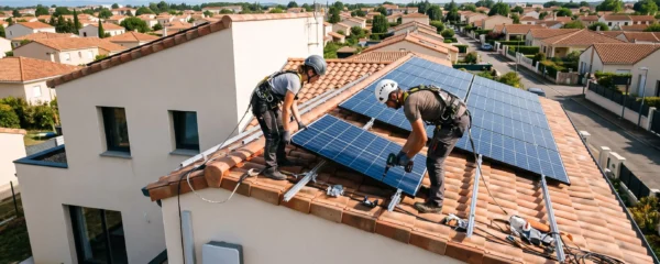 Deux techniciens professionnels installent des panneaux solaires photovoltaïques sur la toiture d'une maison contemporaine dans un quartier résidentiel toulousain sous un ciel bleu lumineux
