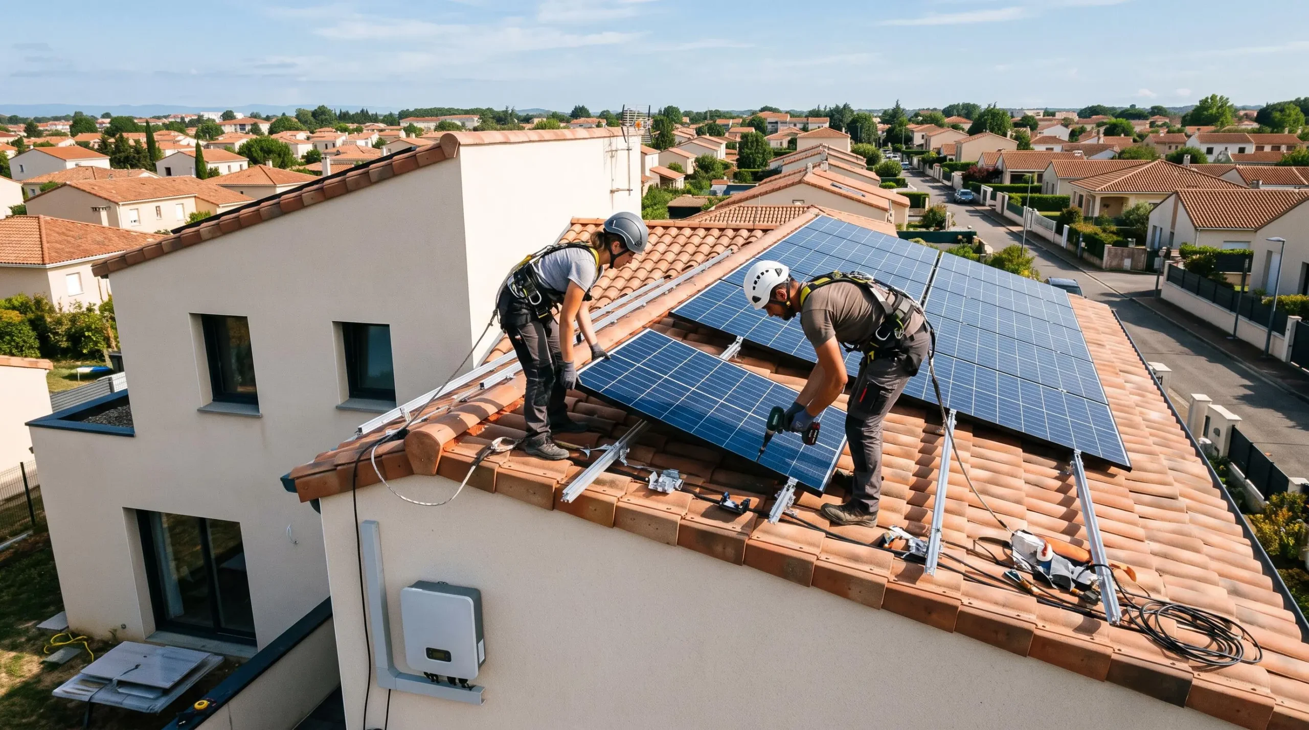 Deux techniciens professionnels installent des panneaux solaires photovoltaïques sur la toiture d'une maison contemporaine dans un quartier résidentiel toulousain sous un ciel bleu lumineux